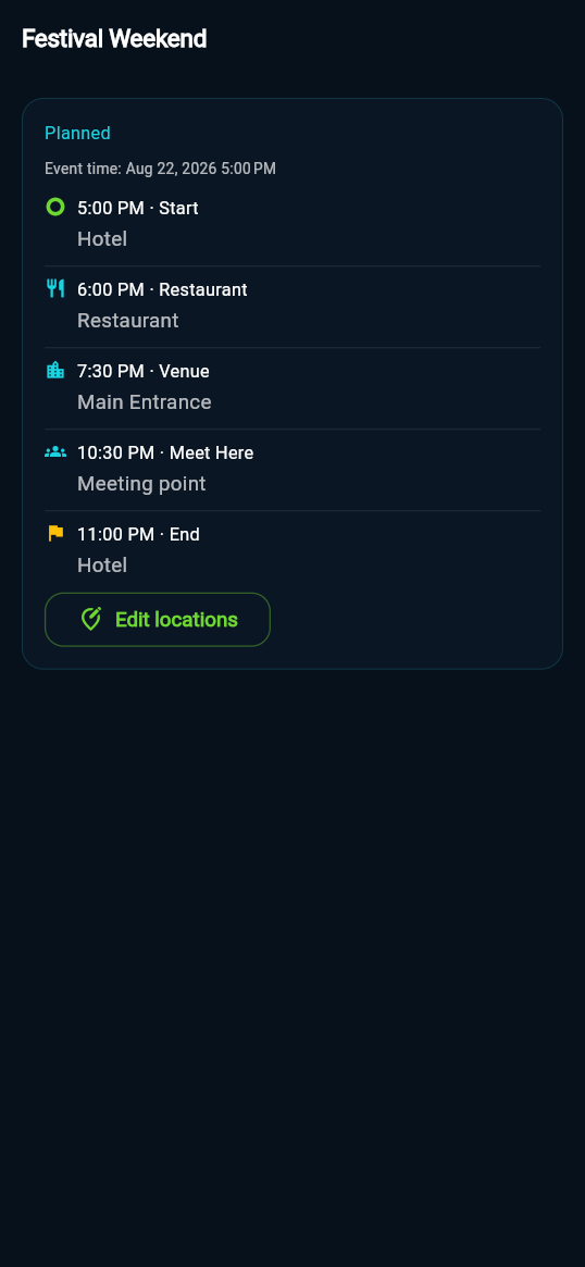 SquadPin Planned Squad itinerary — Hotel, Restaurant, Main Entrance, Meet Here and return, each with a planned time