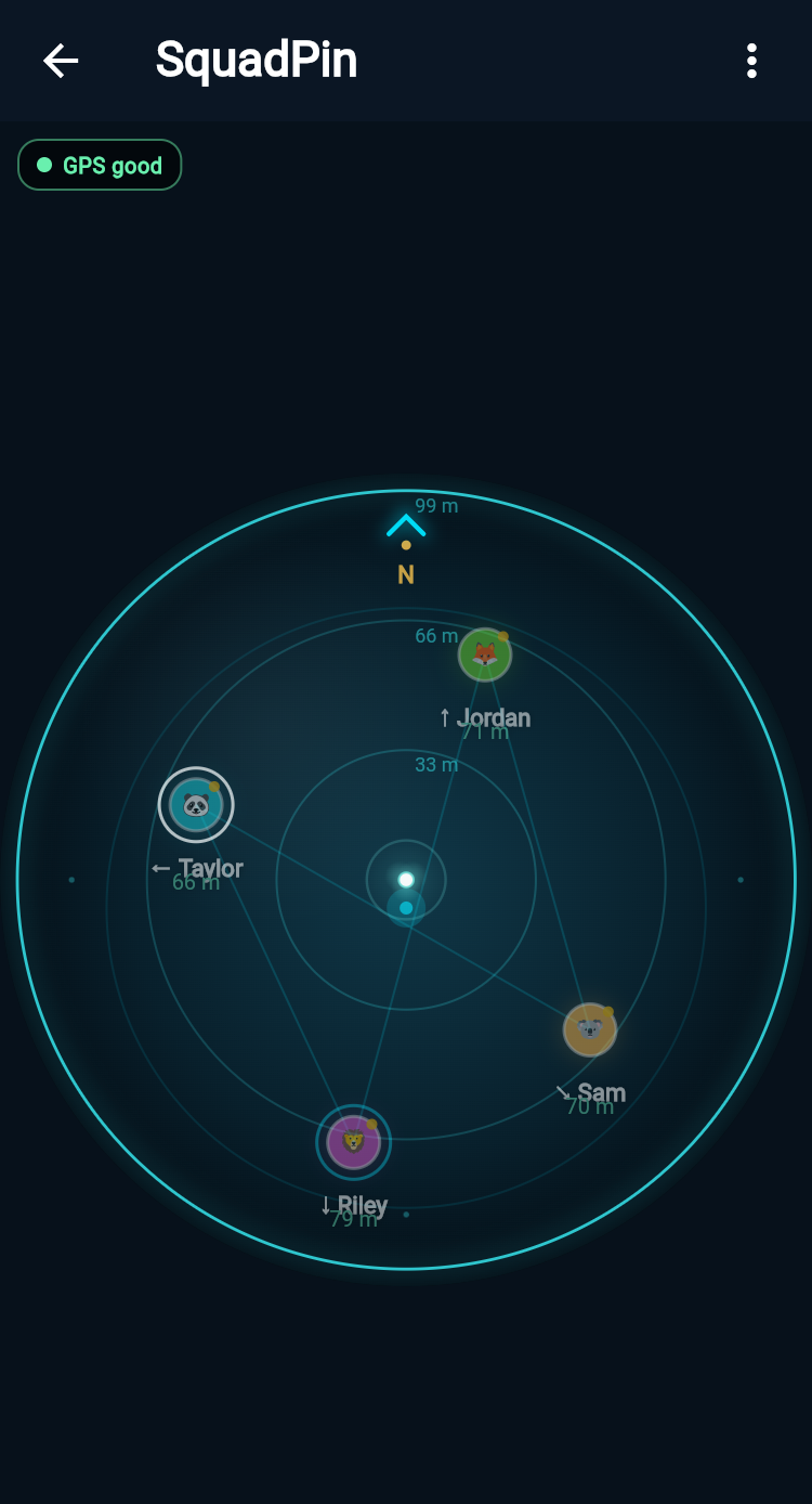 SquadPin Radar showing four squad members with live distance and direction